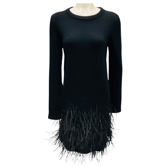 MICHAEL KORS COLLECTION BLACK FEATHER EMBELLISHED HEM CASHMERE KNIT LONG SLEEVED - Picture 1 of 7